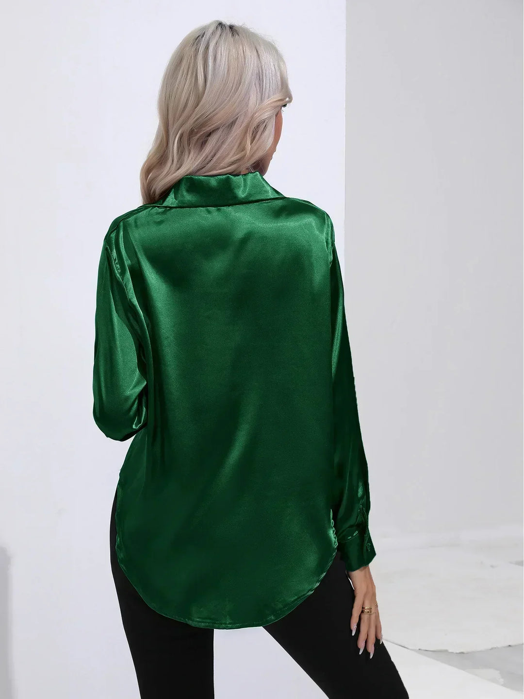 Women's Satin Button-Down Blouse with V-Neck and Long Sleeves