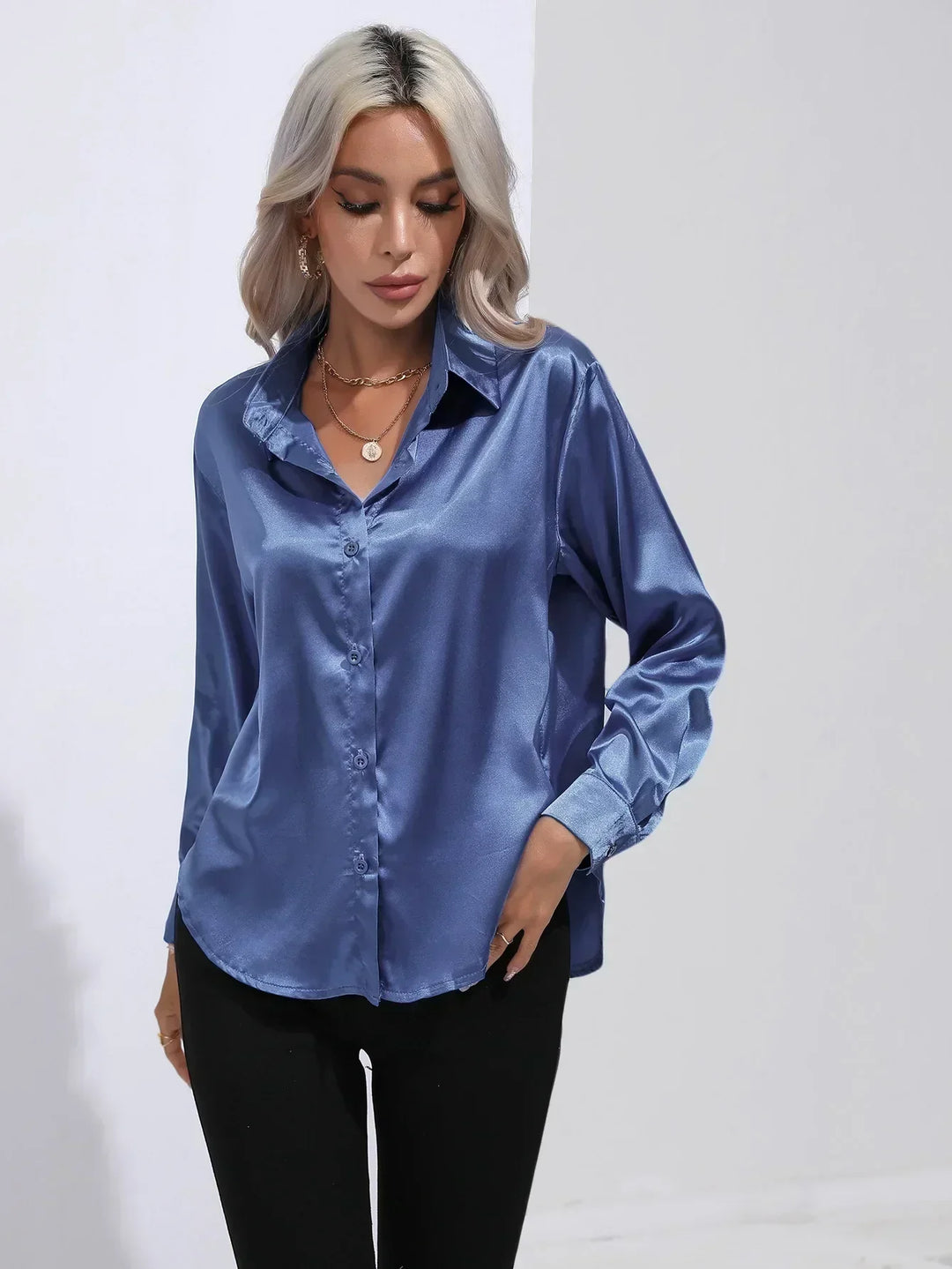 Women's Satin Button-Down Blouse with V-Neck and Long Sleeves