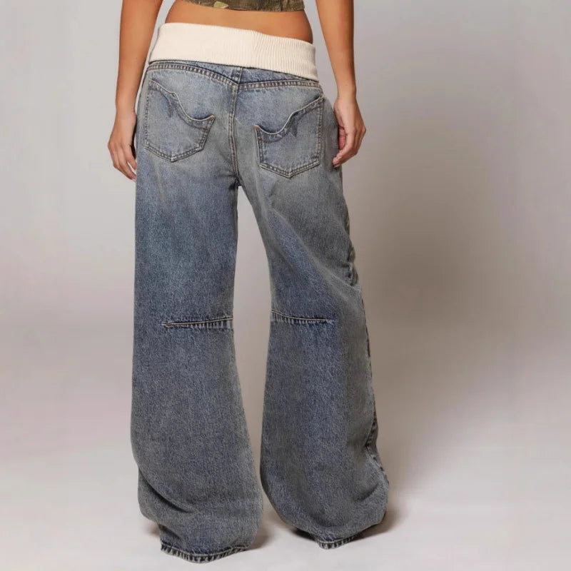 Women's Casual Stretch Denim Wide-Leg Jeans with High Waistband
