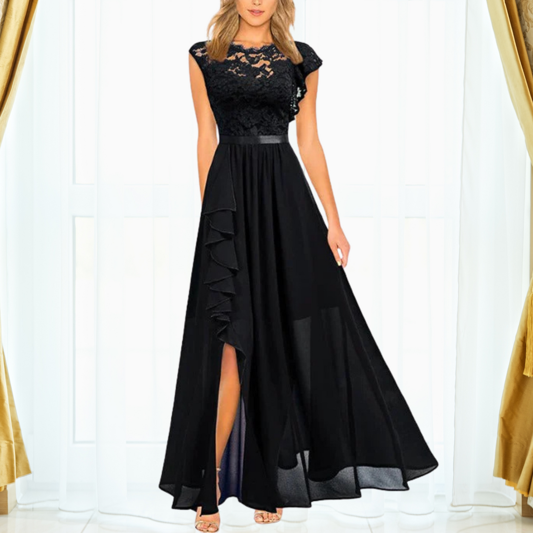 Women's Sleeveless Lace Maxi Dress with Deep V-Neckline