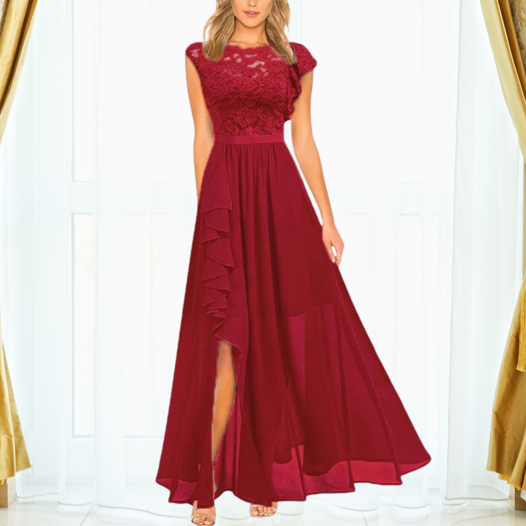Women's Sleeveless Lace Maxi Dress with Deep V-Neckline