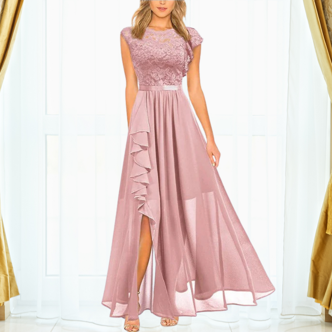 Women's Sleeveless Lace Maxi Dress with Deep V-Neckline