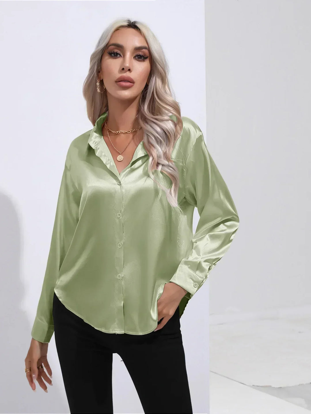 Women's Satin Button-Down Blouse with V-Neck and Long Sleeves