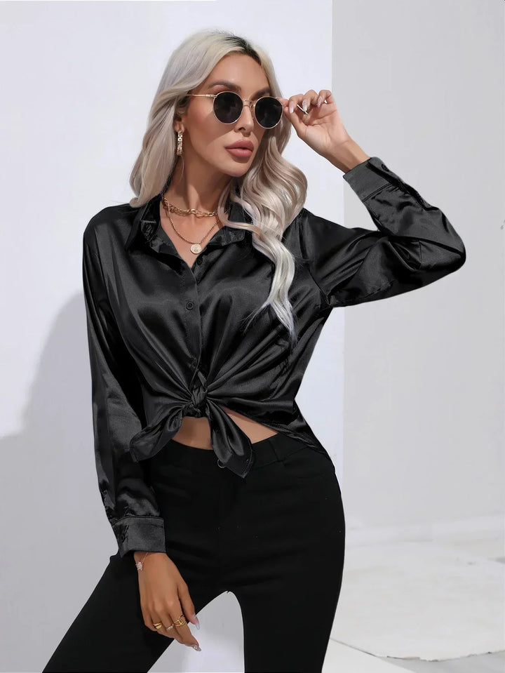 Women's Satin Button-Down Blouse with V-Neck and Long Sleeves