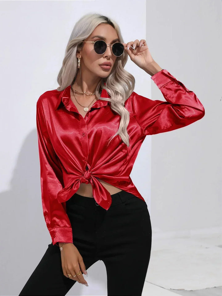 Women's Satin Button-Down Blouse with V-Neck and Long Sleeves