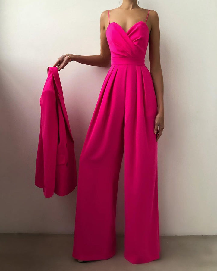 Women's Wrap Bodice Wide-Leg Jumpsuit with Spaghetti Straps