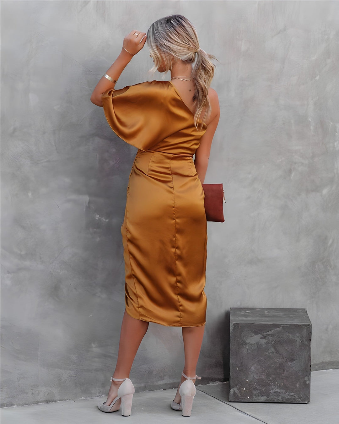 Women's One-Shoulder Wrap Midi Dress with Adjustable Waist