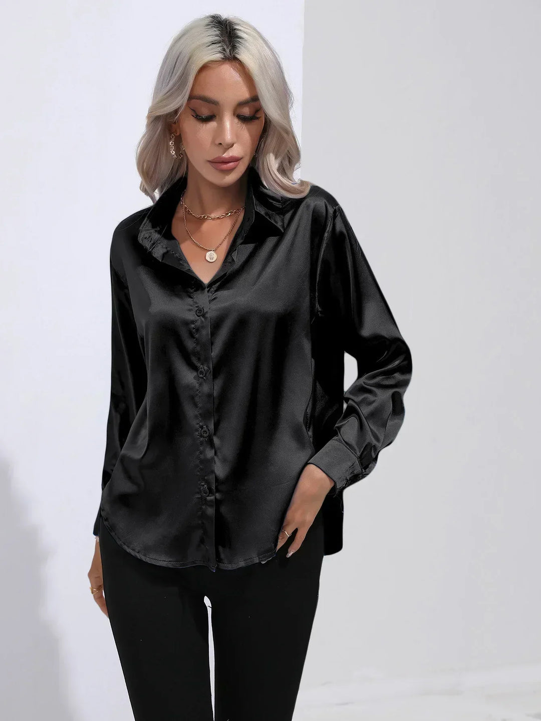 Women's Satin Button-Down Blouse with V-Neck and Long Sleeves