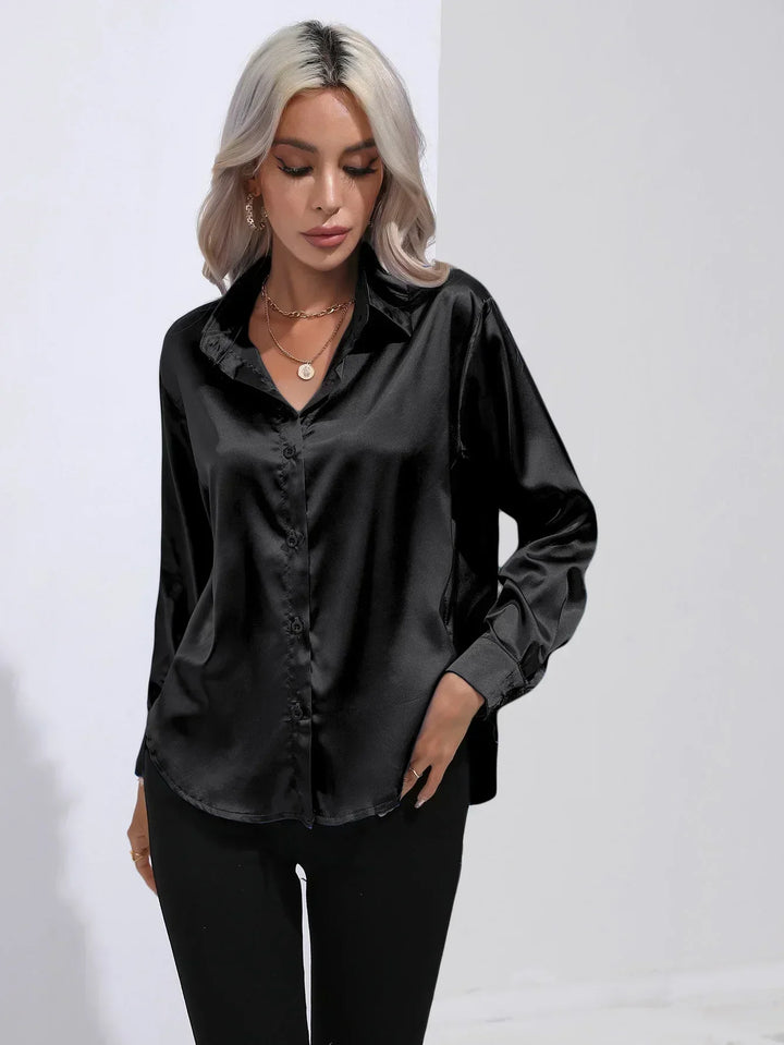 Women's Satin Button-Down Blouse with V-Neck and Long Sleeves