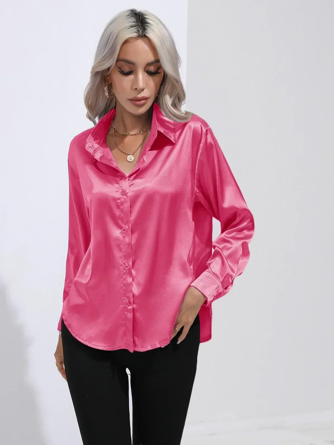 Women's Satin Button-Down Blouse with V-Neck and Long Sleeves