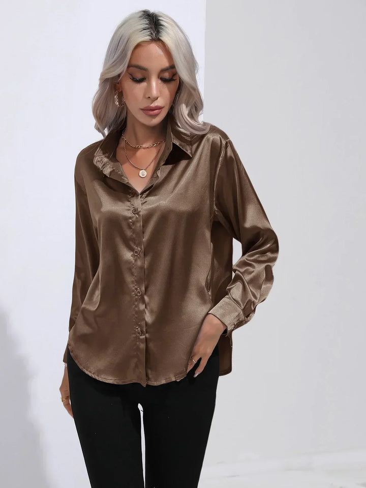 Women's Satin Button-Down Blouse with V-Neck and Long Sleeves