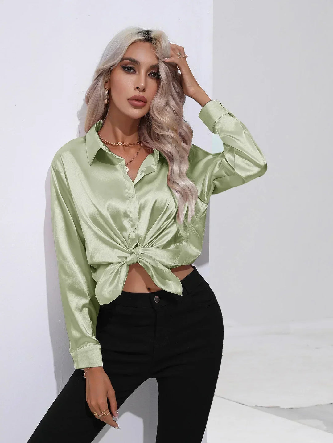 Women's Satin Button-Down Blouse with V-Neck and Long Sleeves