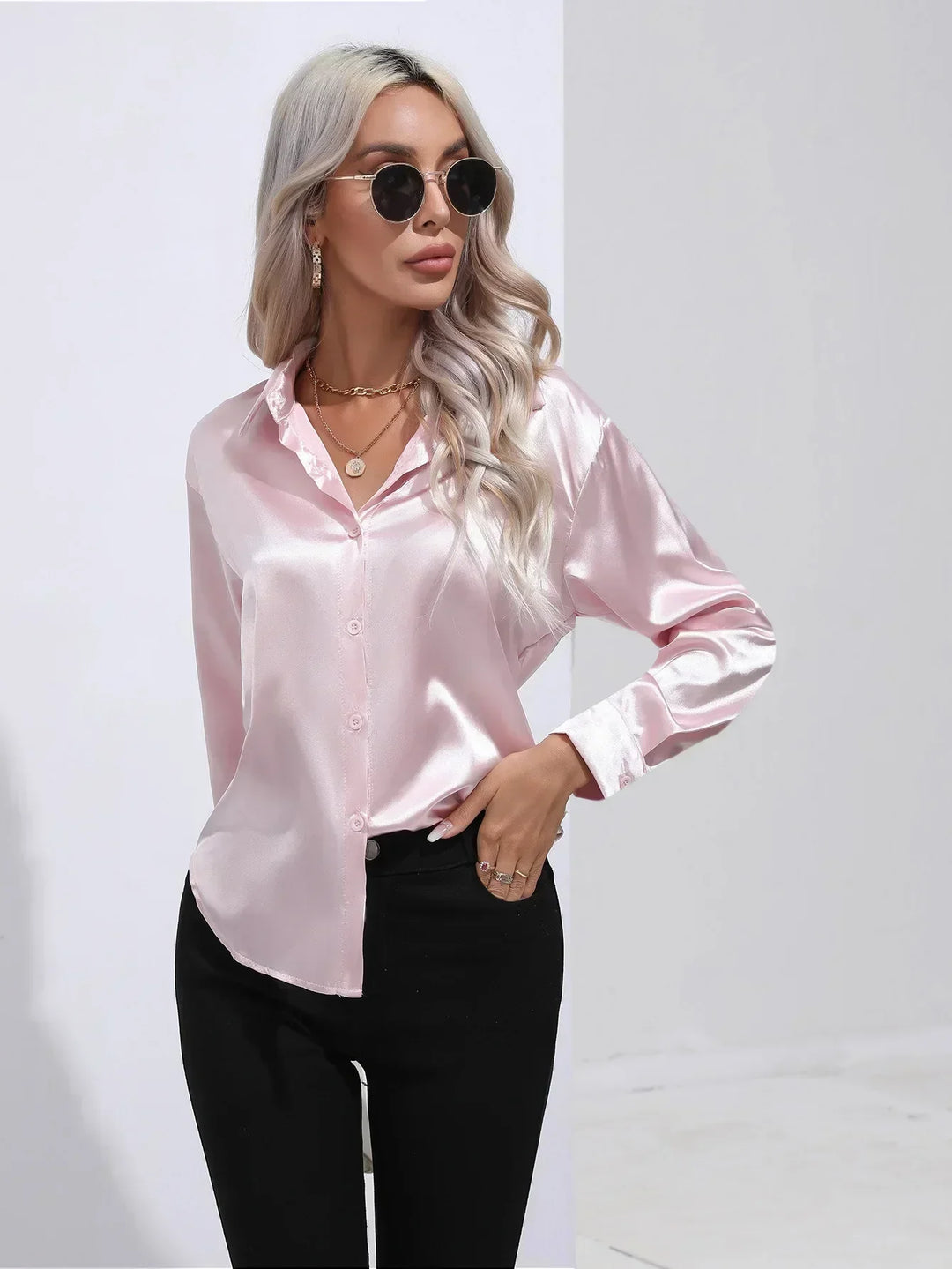 Women's Satin Button-Down Blouse with V-Neck and Long Sleeves