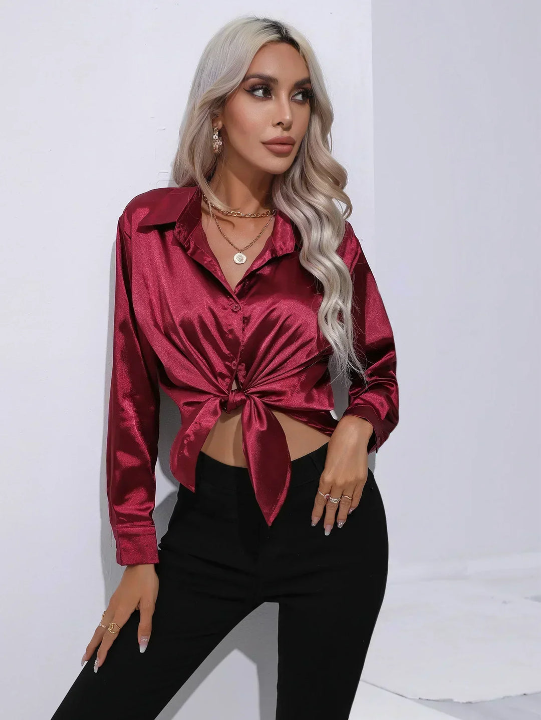 Women's Satin Button-Down Blouse with V-Neck and Long Sleeves