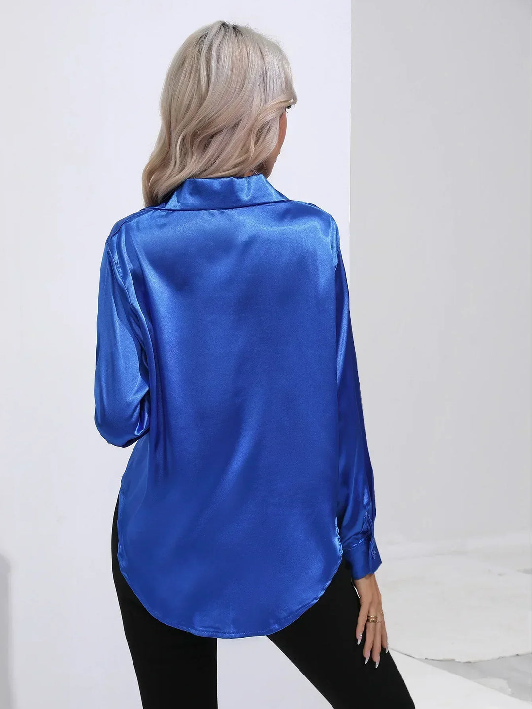 Women's Satin Button-Down Blouse with V-Neck and Long Sleeves