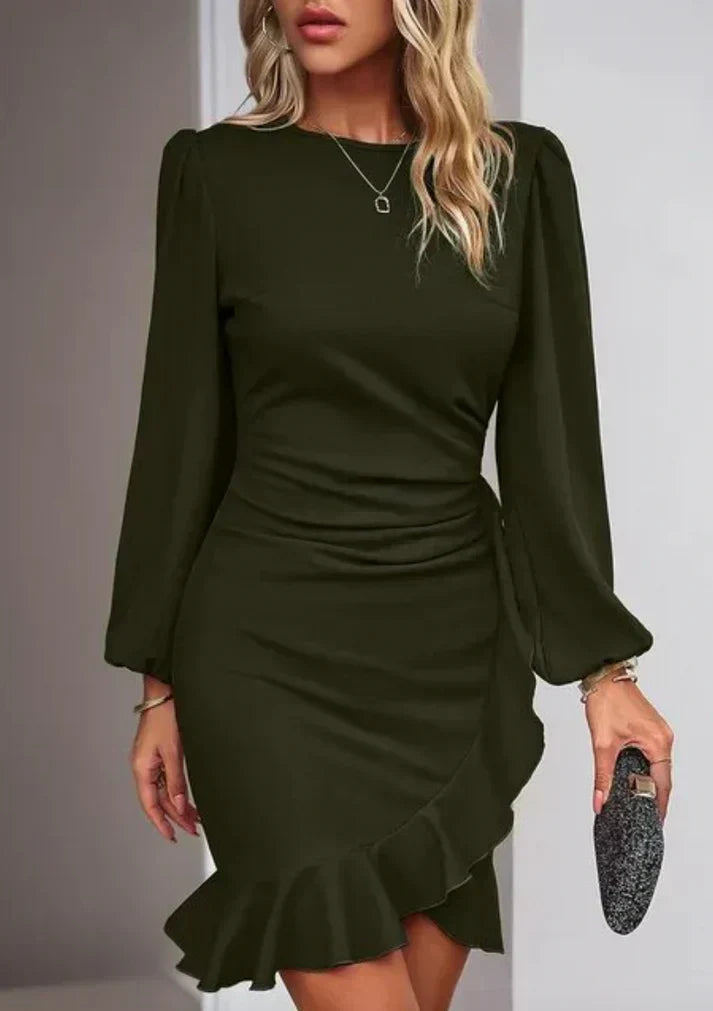 Women's Long-Sleeve Midi Dress with A-Line Skirt