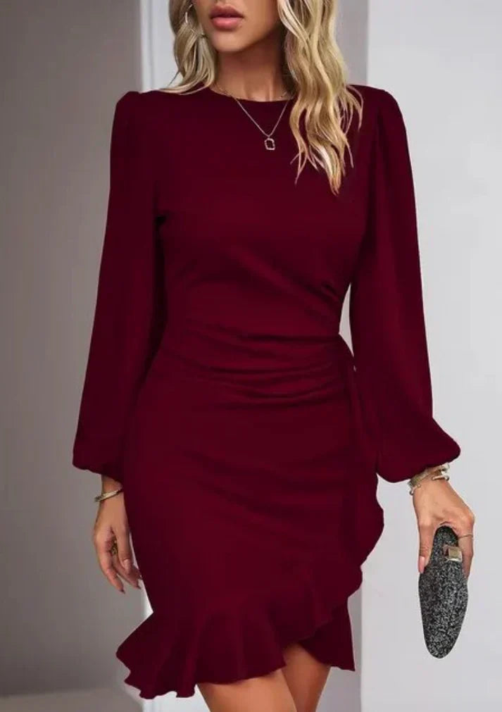 Women's Long-Sleeve Midi Dress with A-Line Skirt