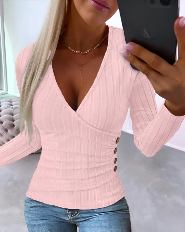Slim-Fit V-Neck Workwear Blouse with Long Sleeves