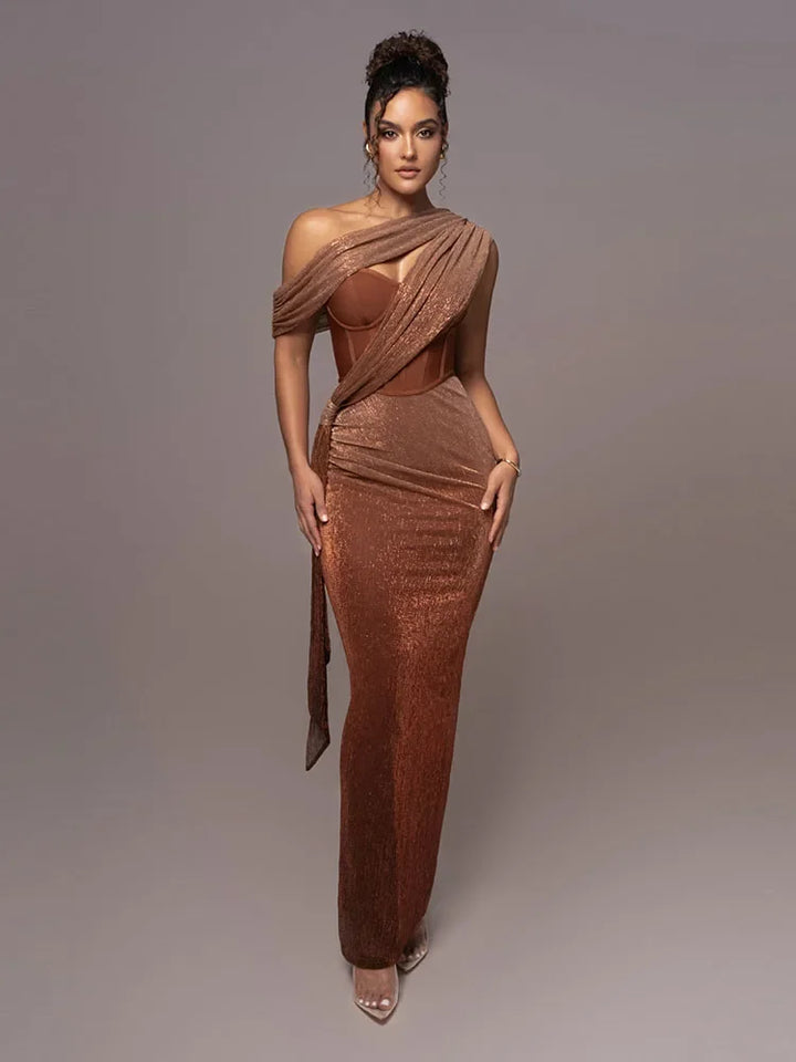 Asymmetric Satin Maxi Gown with Draped Shoulder and Split