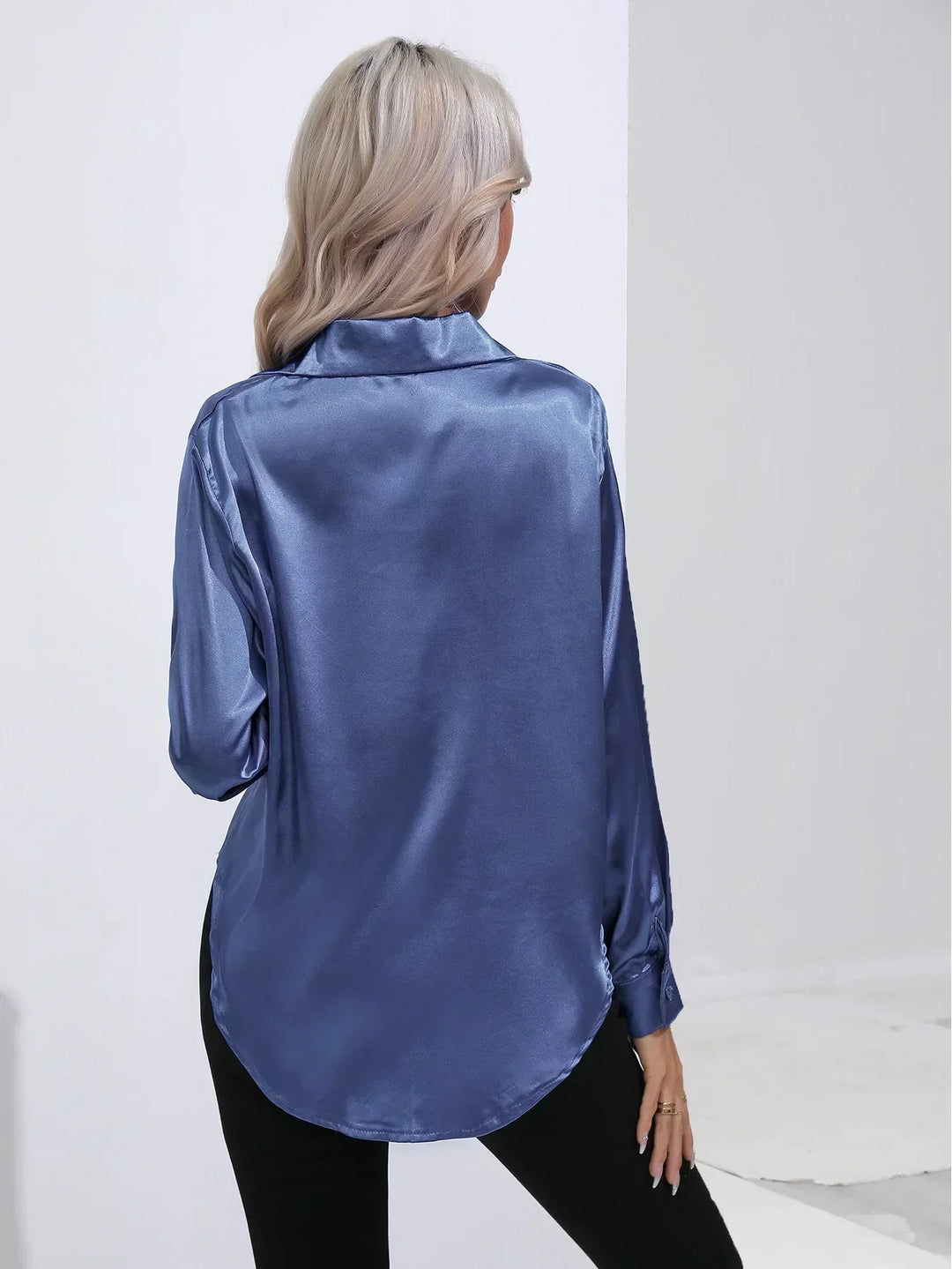 Women's Satin Button-Down Blouse with V-Neck and Long Sleeves