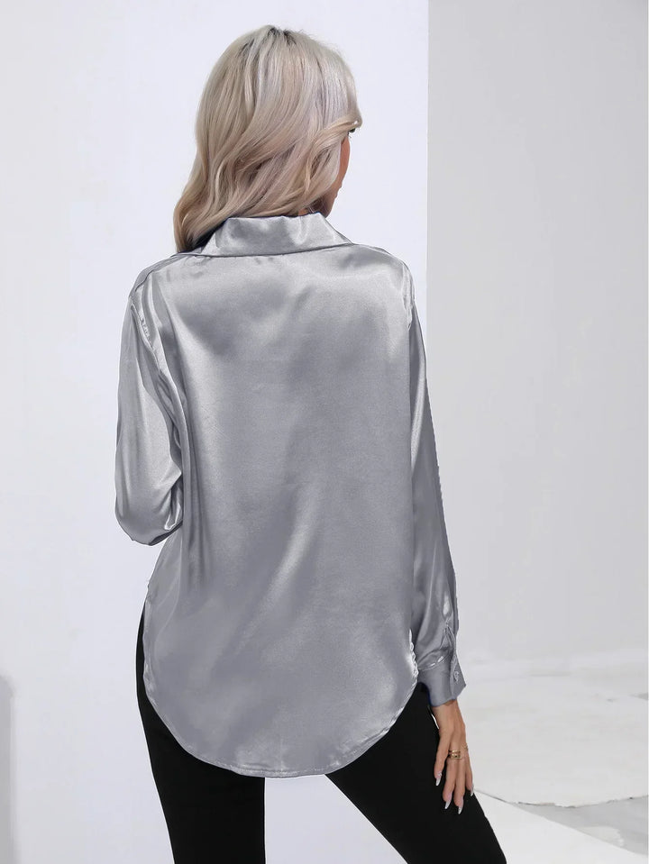 Women's Satin Button-Down Blouse with V-Neck and Long Sleeves