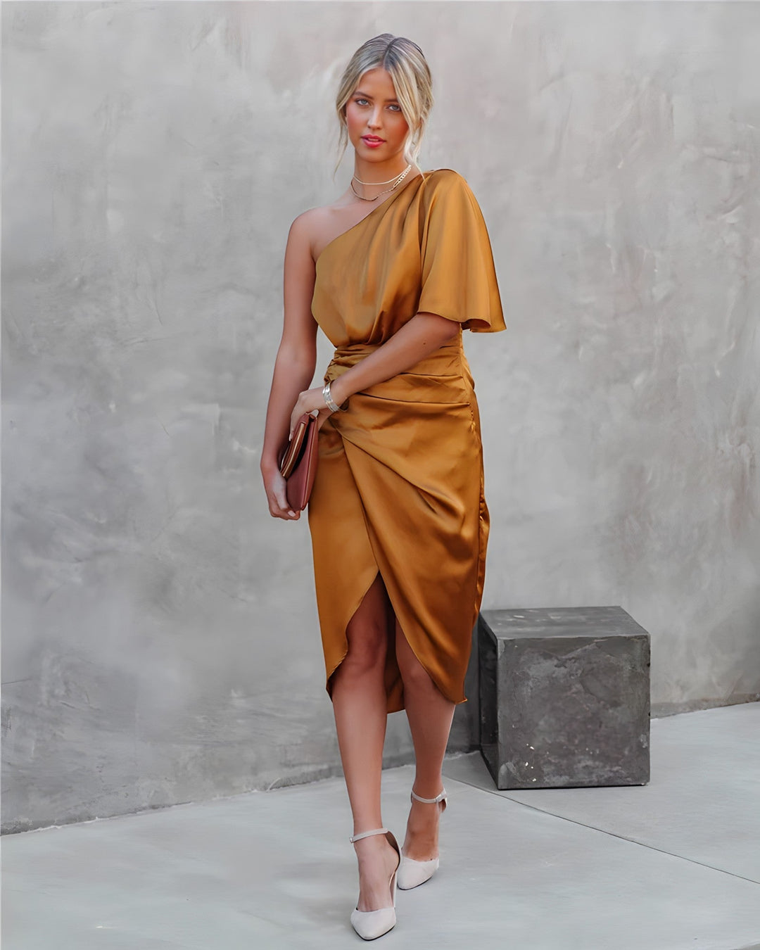 Women's One-Shoulder Wrap Midi Dress with Adjustable Waist