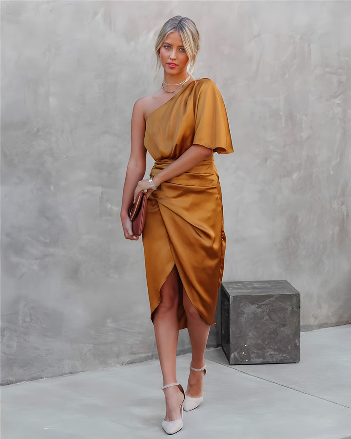 Women's One-Shoulder Wrap Midi Dress with Adjustable Waist