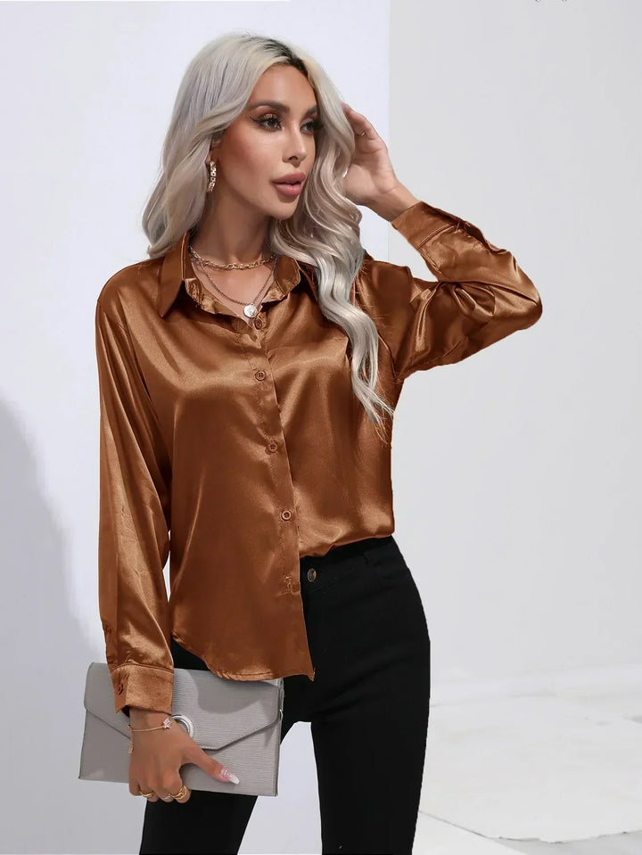 Women's Satin Button-Down Blouse with V-Neck and Long Sleeves