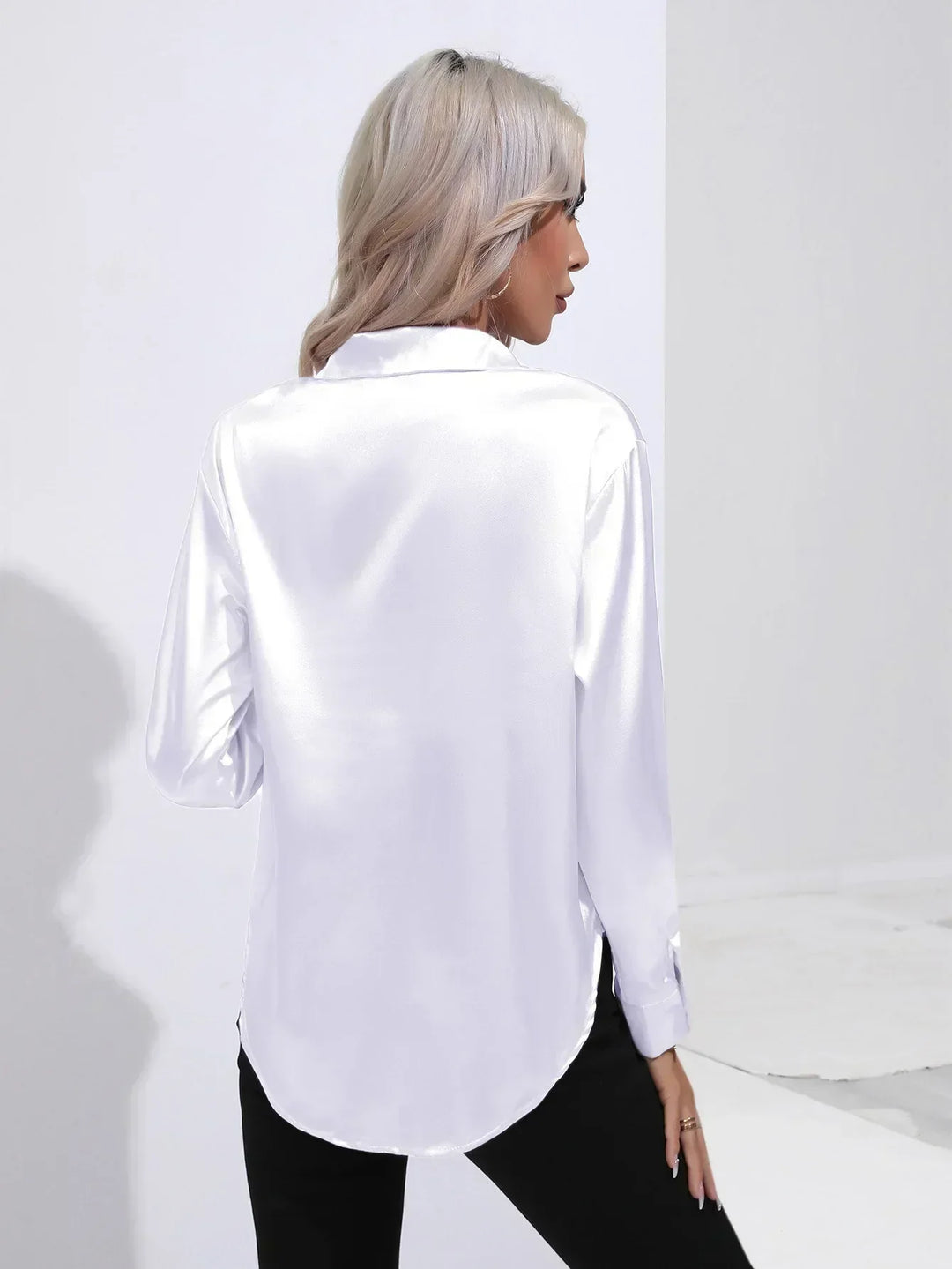 Women's Satin Button-Down Blouse with V-Neck and Long Sleeves