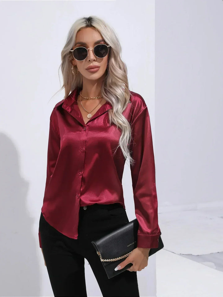 Women's Satin Button-Down Blouse with V-Neck and Long Sleeves