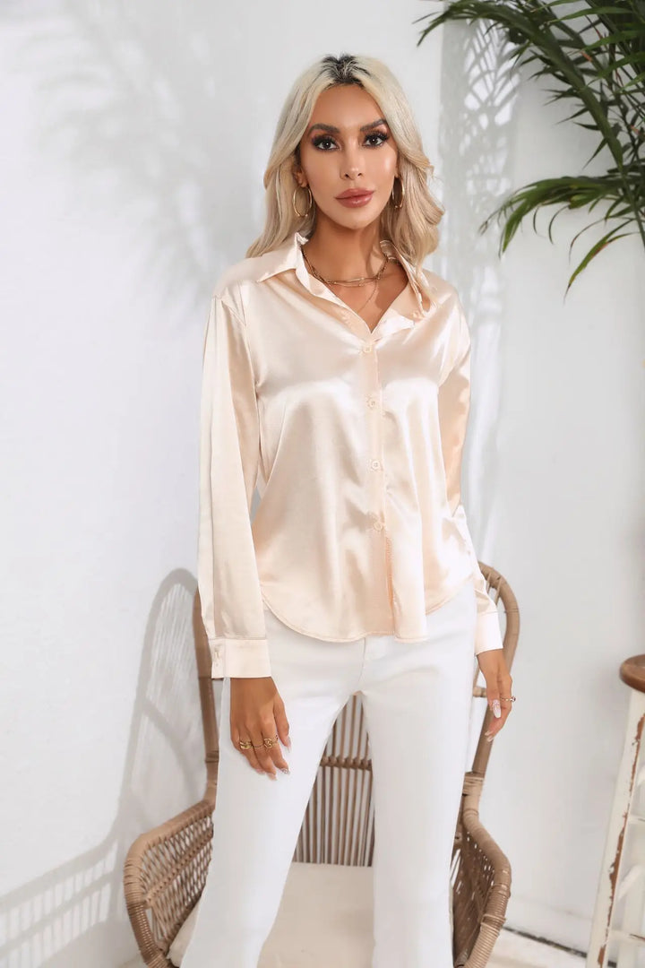 Women's Satin Button-Down Blouse with V-Neck and Long Sleeves