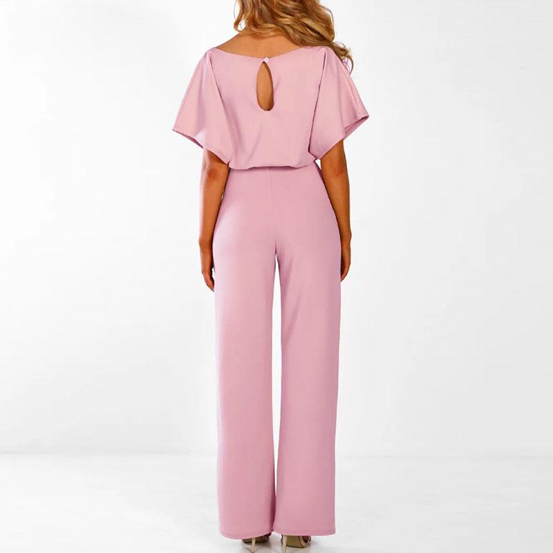 Women's Wide-Leg Short Sleeve Jumpsuit with Tie Waist Detail