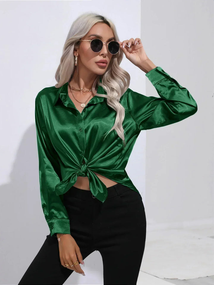 Women's Satin Button-Down Blouse with V-Neck and Long Sleeves