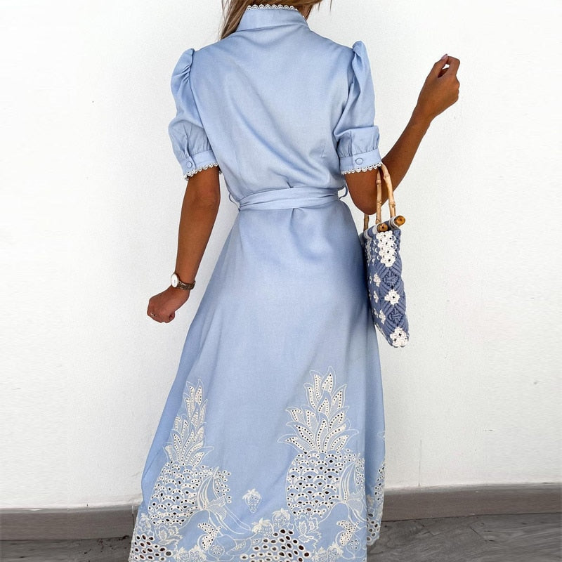 Women's Embroidered Floral Linen Midi Dress with Waist Tie