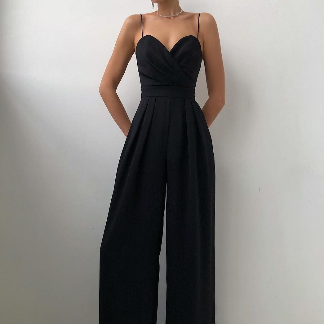 Women's Wrap Bodice Wide-Leg Jumpsuit with Spaghetti Straps