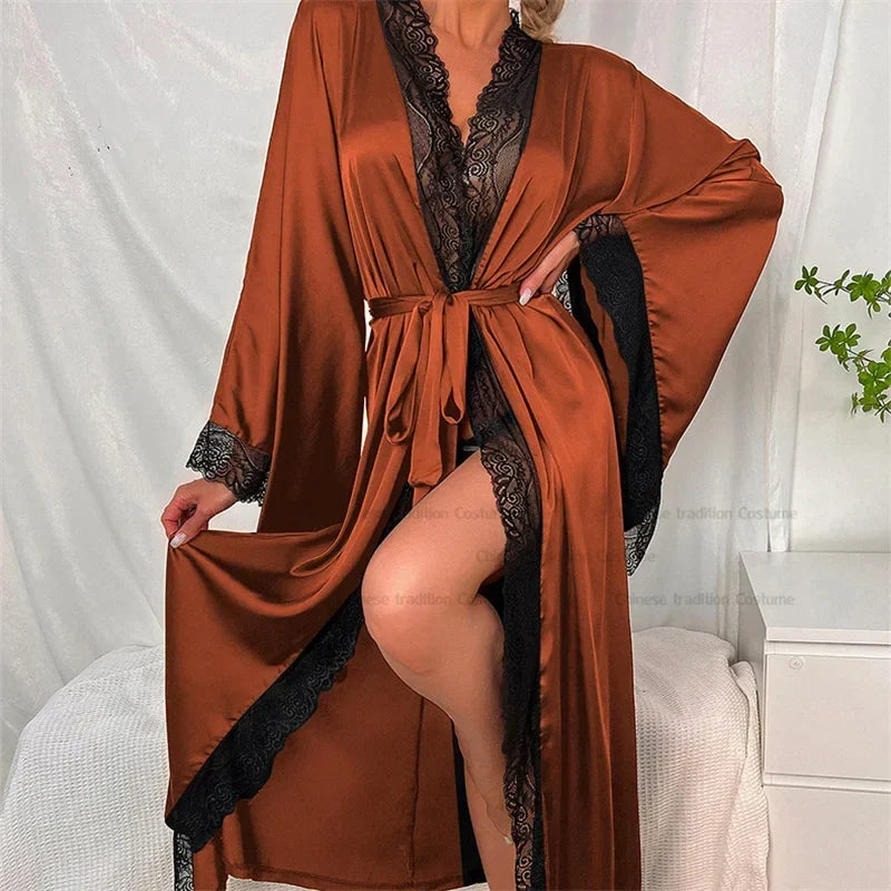 Women's Belted Lace Kimono with Wide Flowing Sleeves