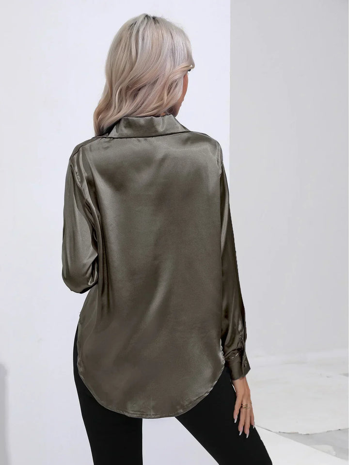 Women's Satin Button-Down Blouse with V-Neck and Long Sleeves
