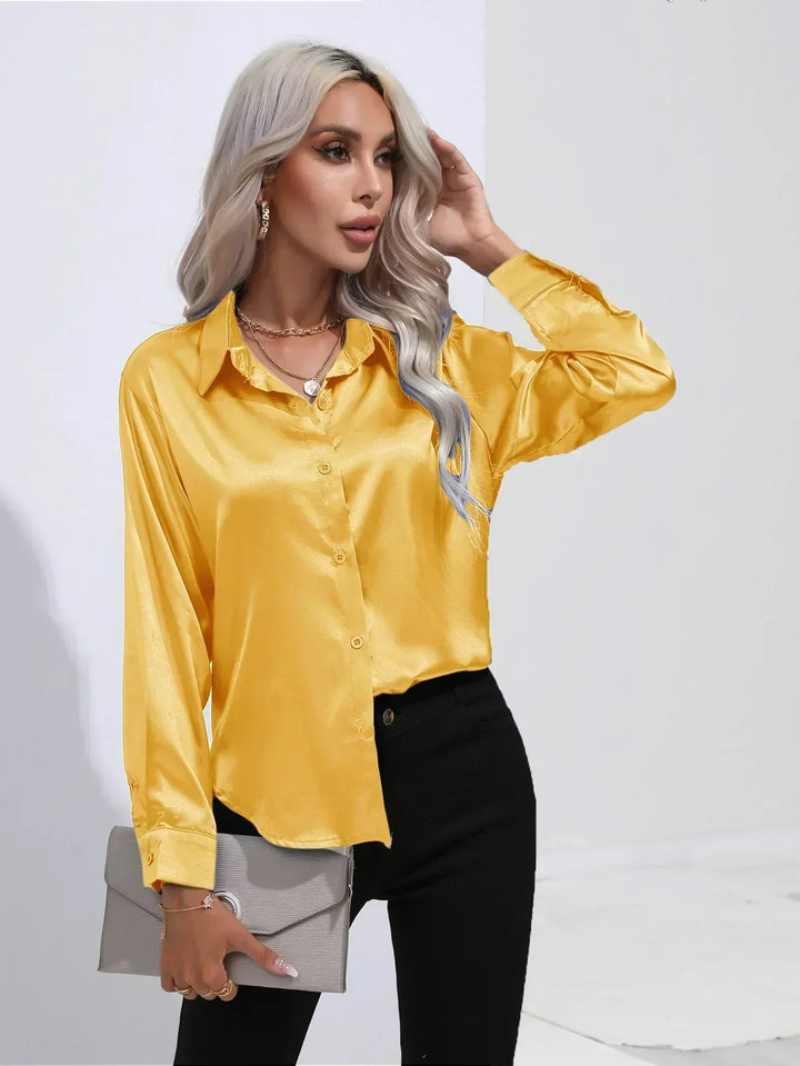 Women's Satin Button-Down Blouse with V-Neck and Long Sleeves