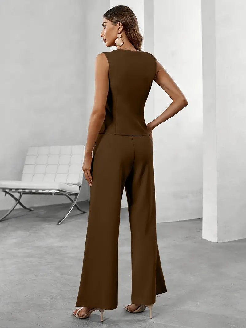 Women's Vest and Wide-Leg Trouser Two-Piece Suit