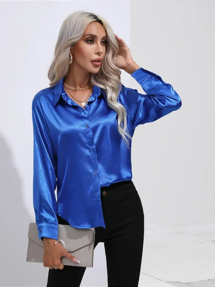 Women's Satin Button-Down Blouse with V-Neck and Long Sleeves