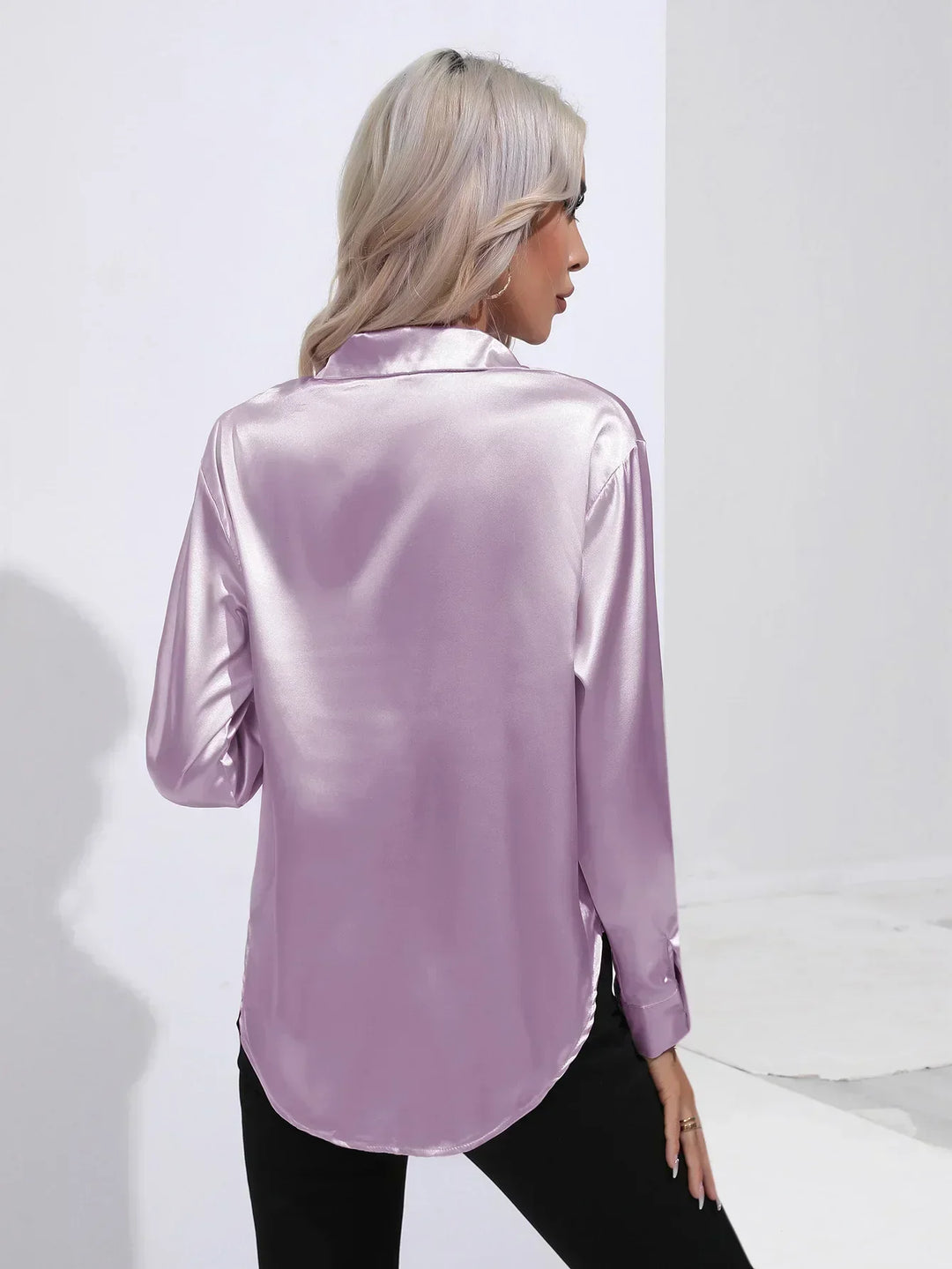 Women's Satin Button-Down Blouse with V-Neck and Long Sleeves