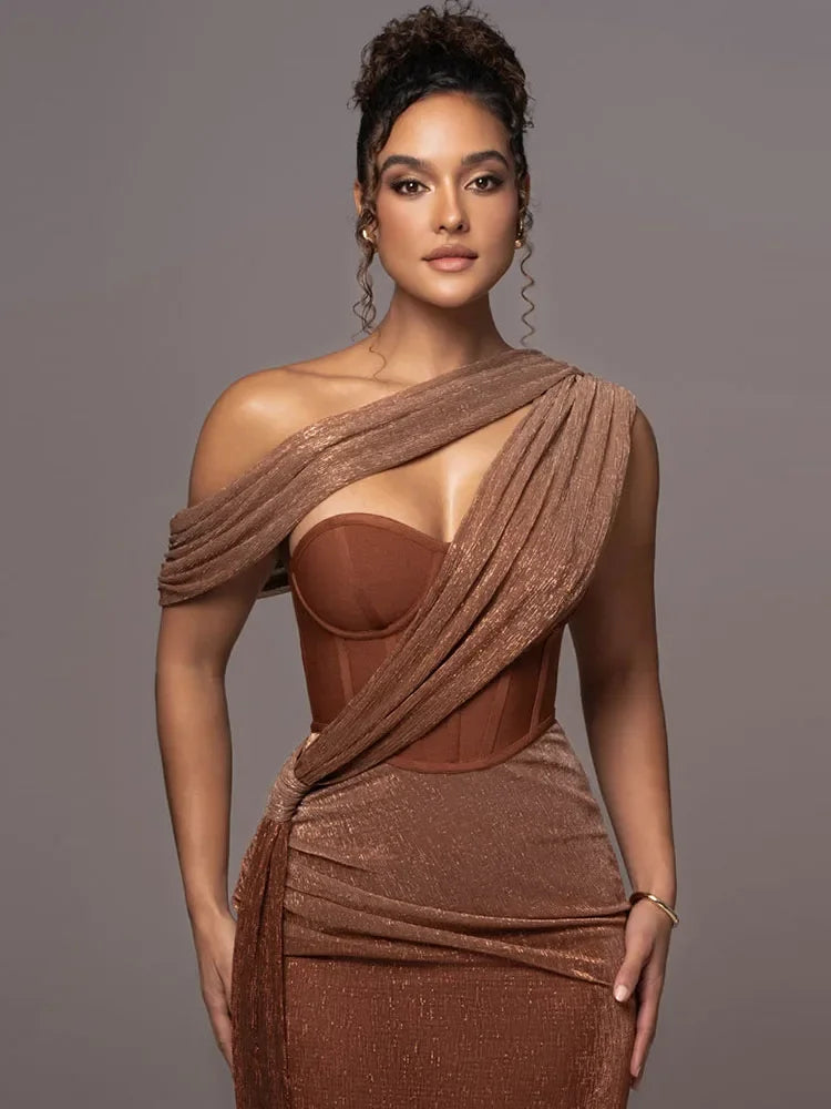 Asymmetric Satin Maxi Gown with Draped Shoulder and Split
