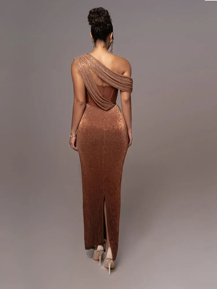 Asymmetric Satin Maxi Gown with Draped Shoulder and Split