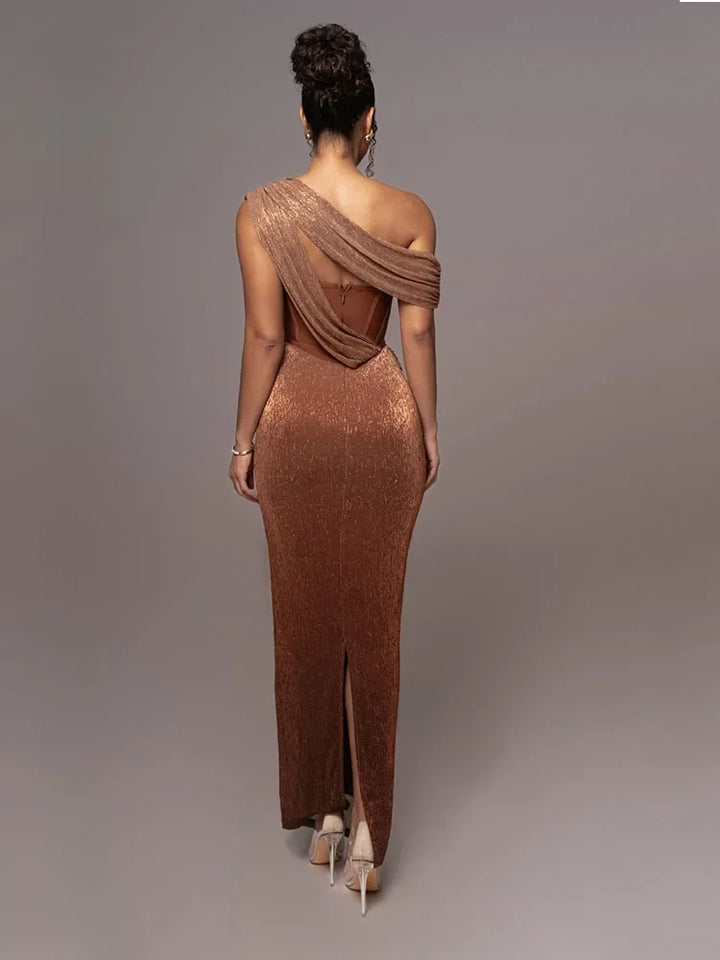 Asymmetric Satin Maxi Gown with Draped Shoulder and Split