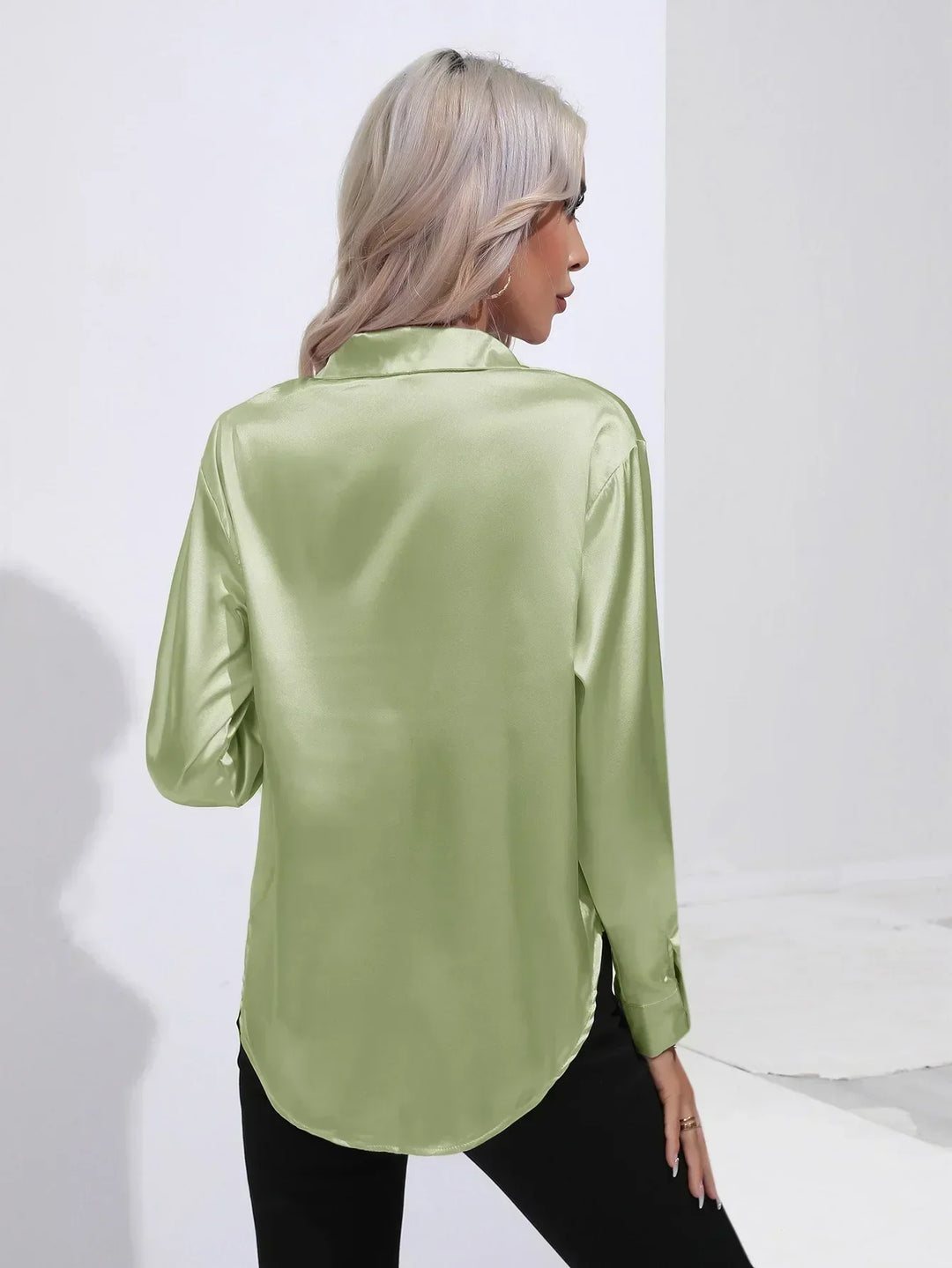 Women's Satin Button-Down Blouse with V-Neck and Long Sleeves