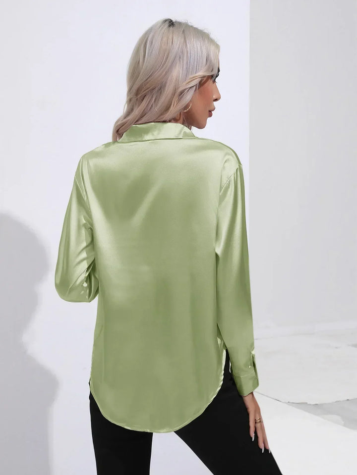 Women's Satin Button-Down Blouse with V-Neck and Long Sleeves