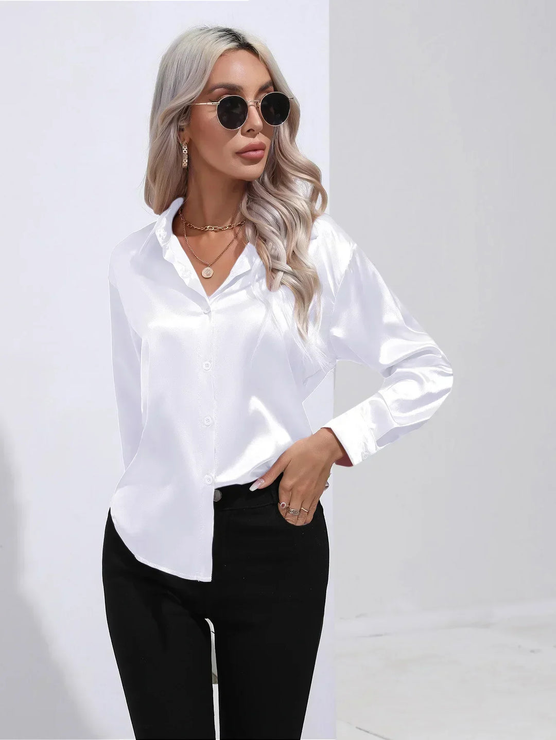 Women's Satin Button-Down Blouse with V-Neck and Long Sleeves