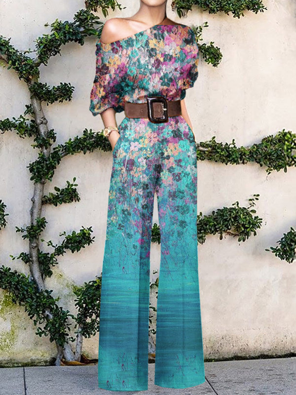 Women's One-Shoulder Wide-Leg Jumpsuit with Artistic Print Design
