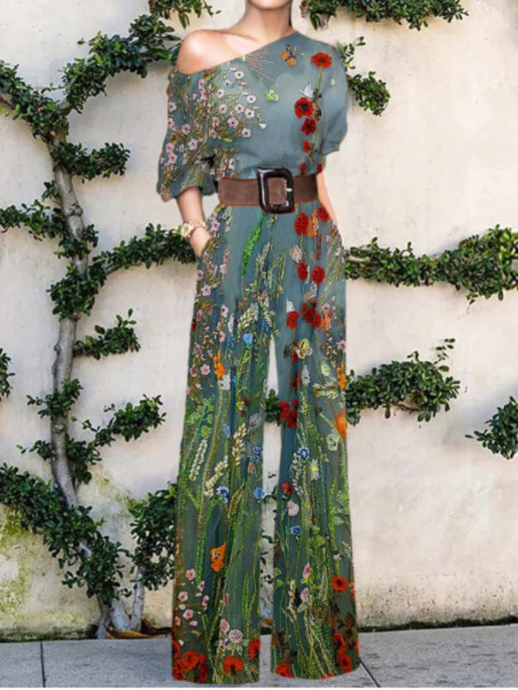 Women's One-Shoulder Wide-Leg Jumpsuit with Artistic Print Design