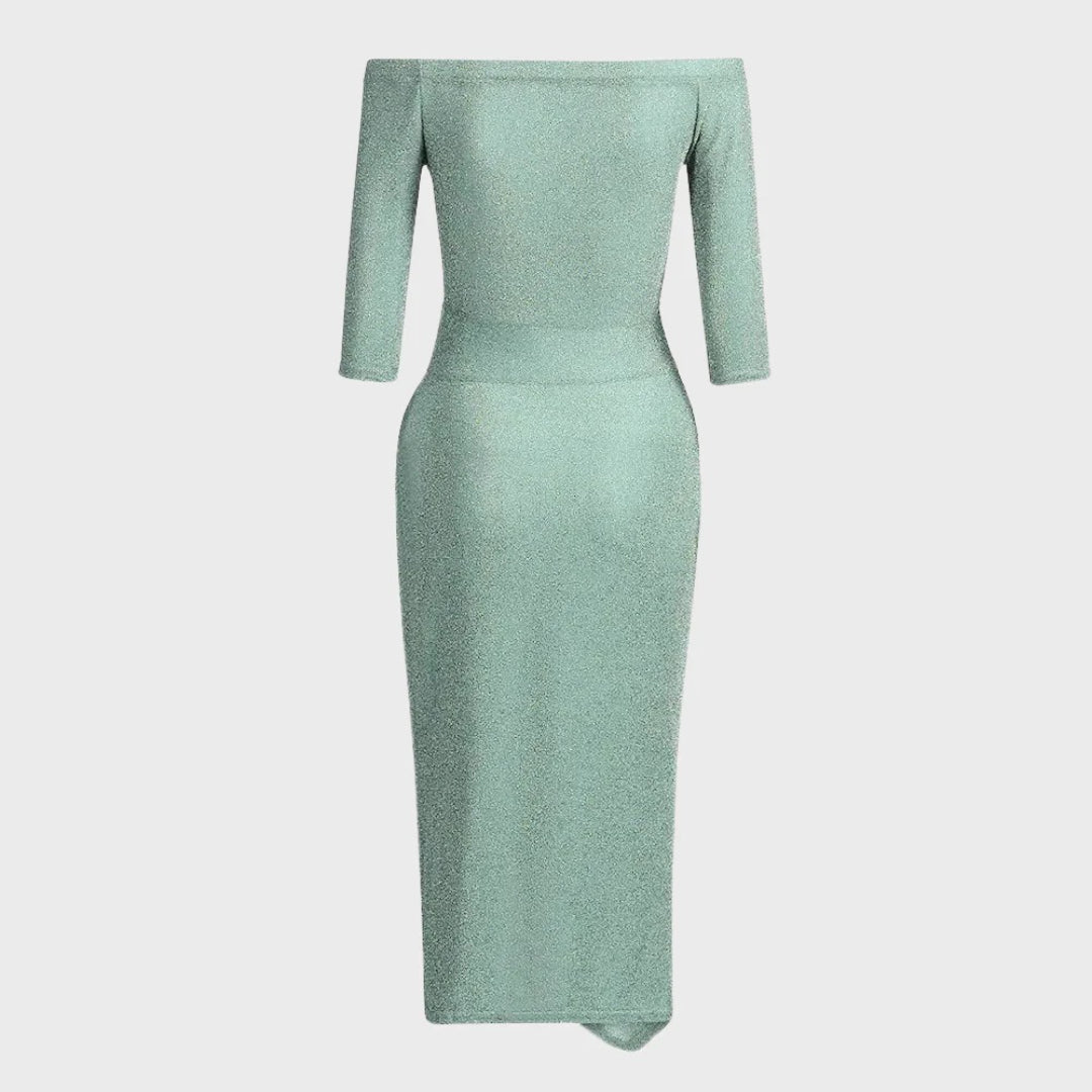 Ruched Off-Shoulder Midi Dress with High Slit